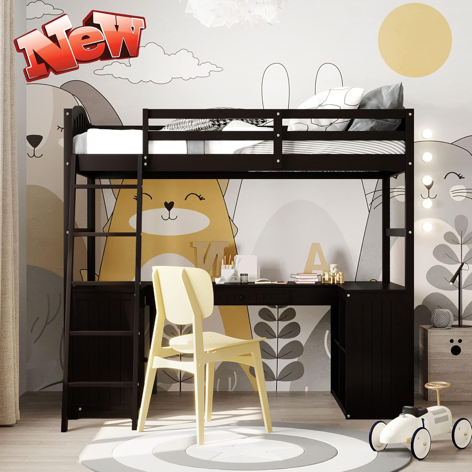 Twin Loft Bed with Desk Solid Wood Storage Drawers Cabinet Shelves Espresso F836905