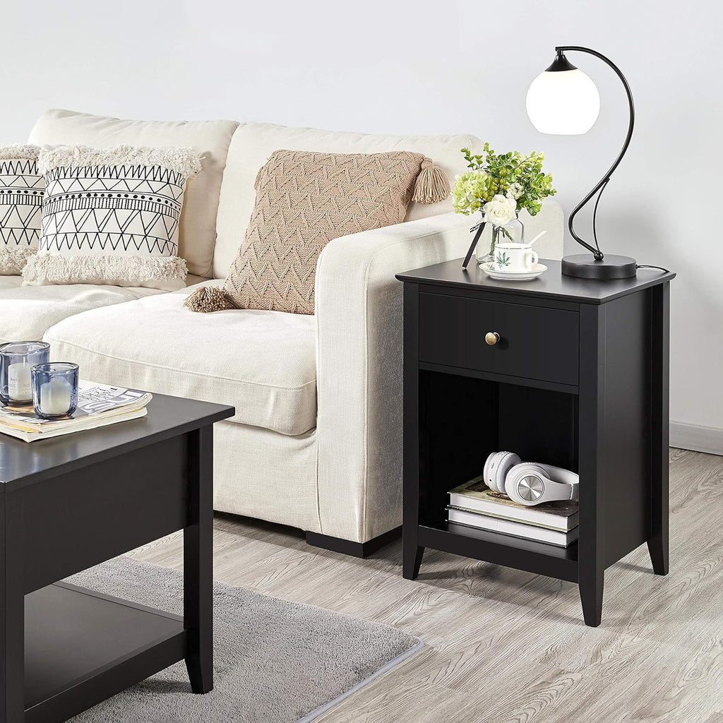 Black Wood Side End Table with Drawer and Open Storage Cabinet, Set of 2 O32378