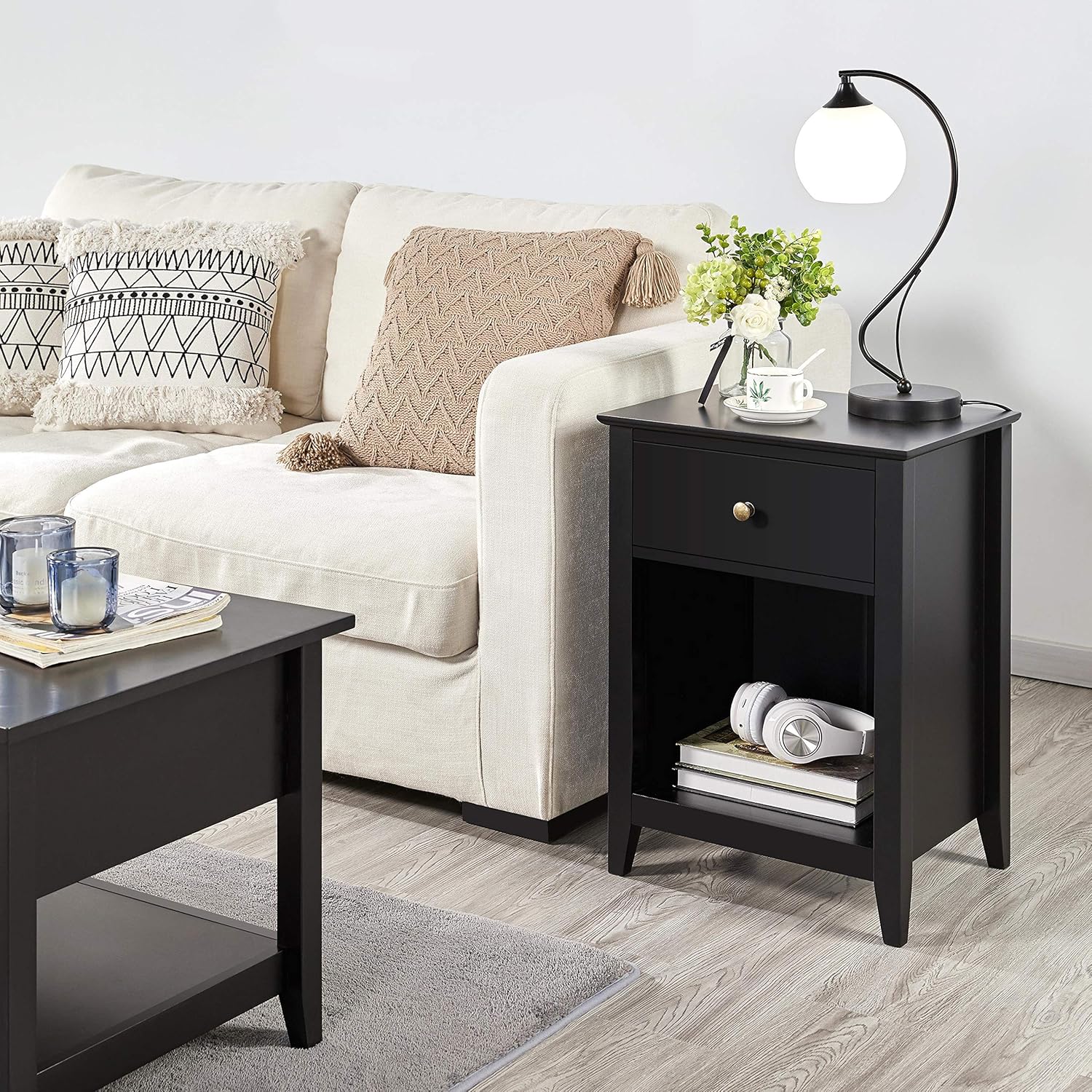 Black Wood Side End Table with Drawer and Open Storage Cabinet, Set of 2 O32378