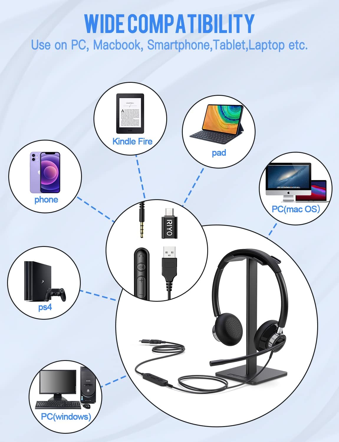 USB Headset with Rotatable Mic, Stereo Wired Headset, USB-C Adapter, Pack of 2 R421010