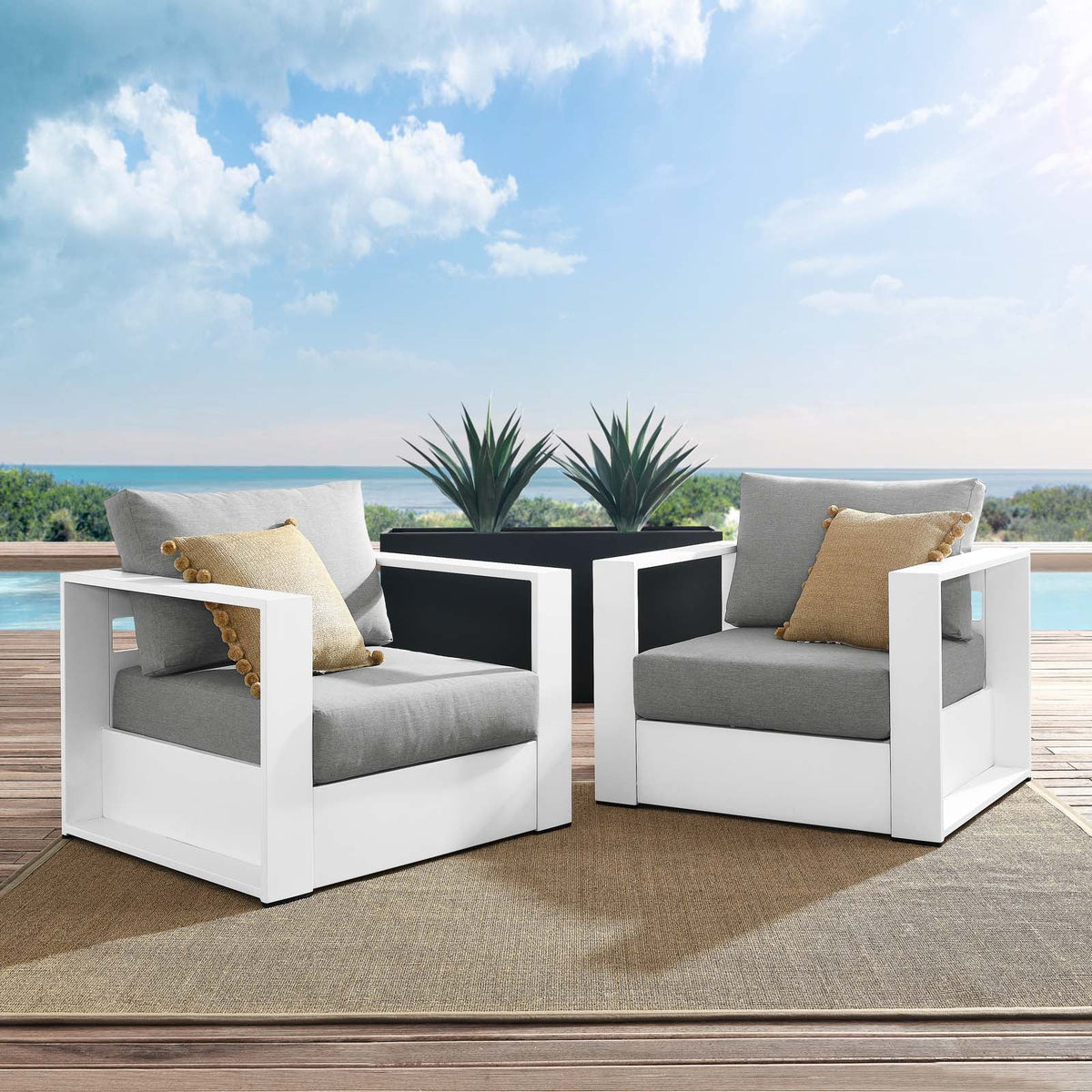 Gray/White Fabric & Aluminum Outdoor Armchair (Set of 2) V256