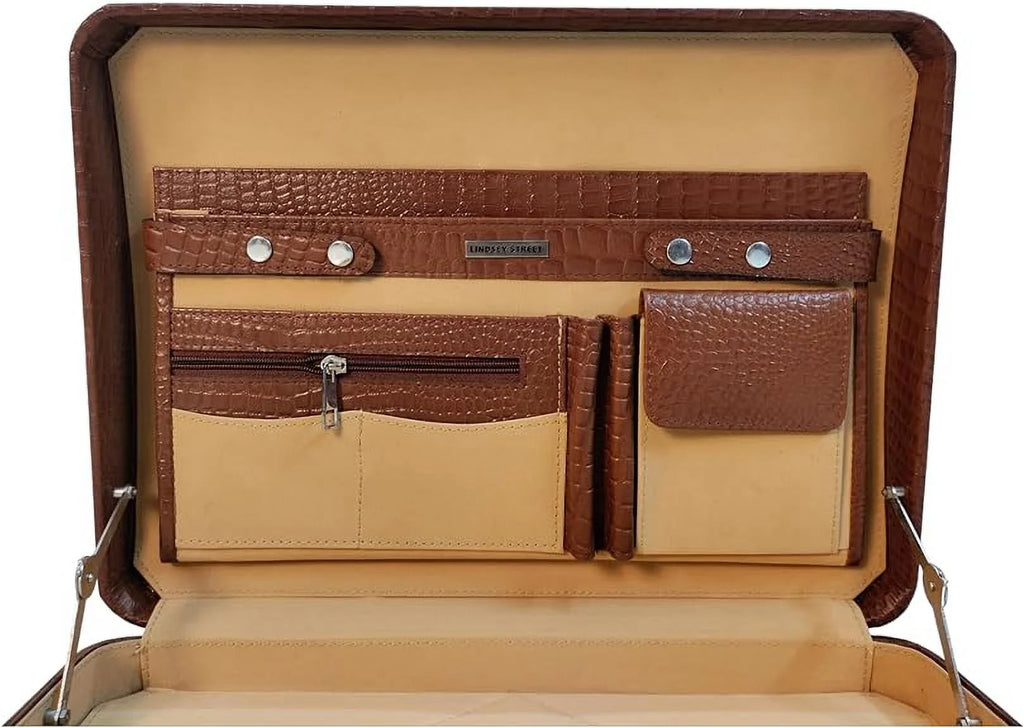 Genuine Leather Attache Briefcase 14 Inch Laptop Case (Tan) S439