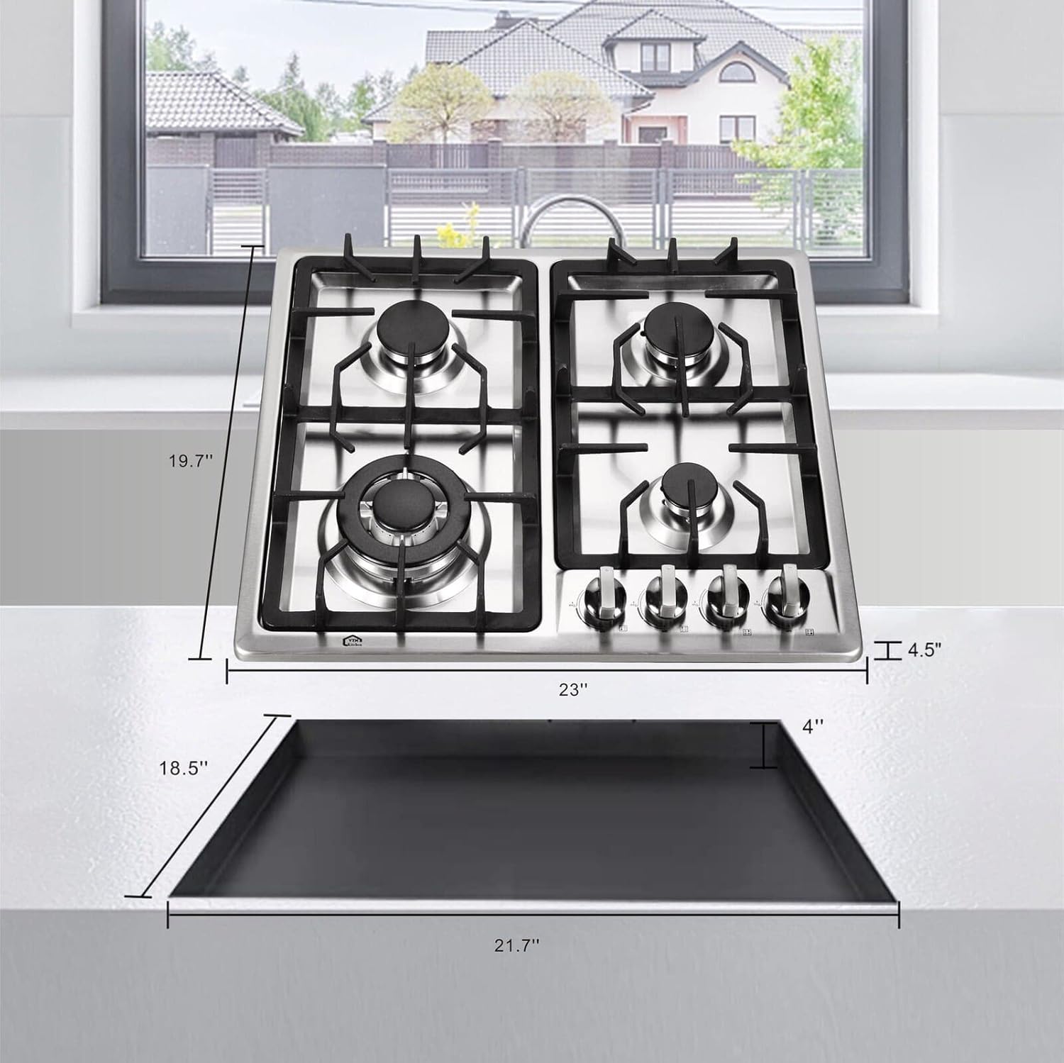 24 Inch Built-In 4 Burners Gas Cooktop, Stainless Steel V715