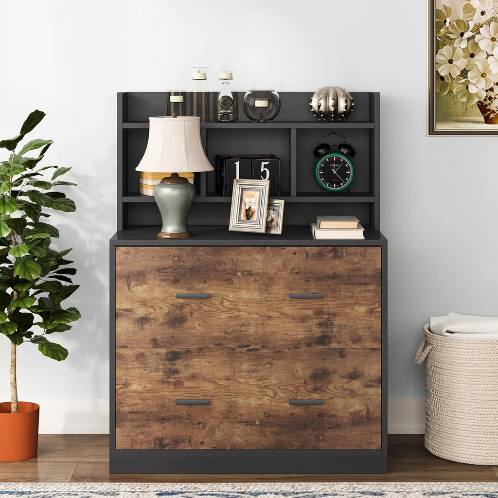 Black & Rustic Wood 2 Drawers Lateral File Cabinet with Storage Shelf W7576