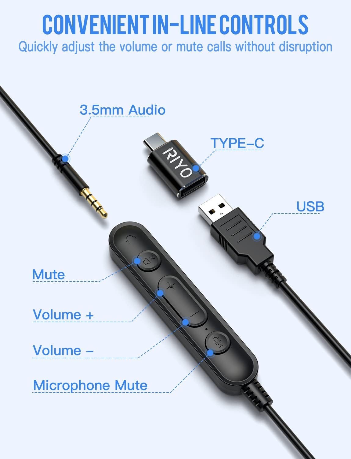 USB Headset with Rotatable Mic, Stereo Wired Headset, USB-C Adapter, Pack of 2 R421010