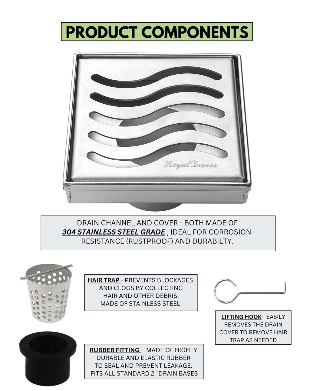 Square Shower Drain 304 Stainless Steel 4 Inch Grate with Hair Catcher M191919