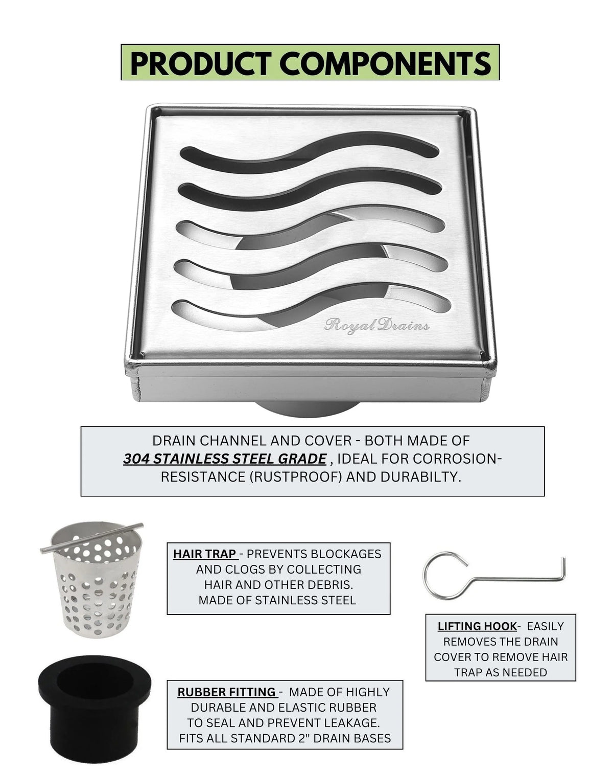 Square Shower Drain 304 Stainless Steel 4 Inch Grate with Hair Catcher M191919
