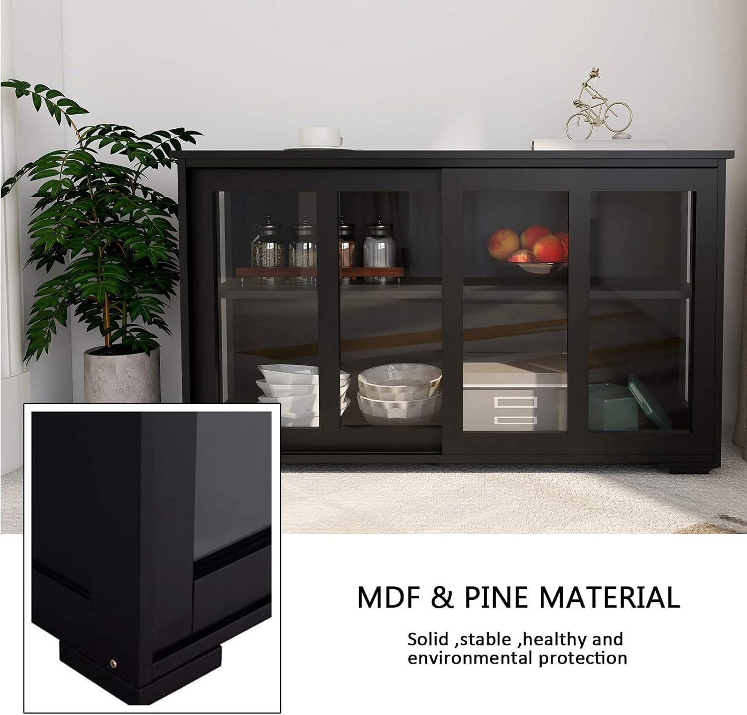 Antique Black Wooden Buffet Sideboard with Sliding Door and Adjustable Shelf M727