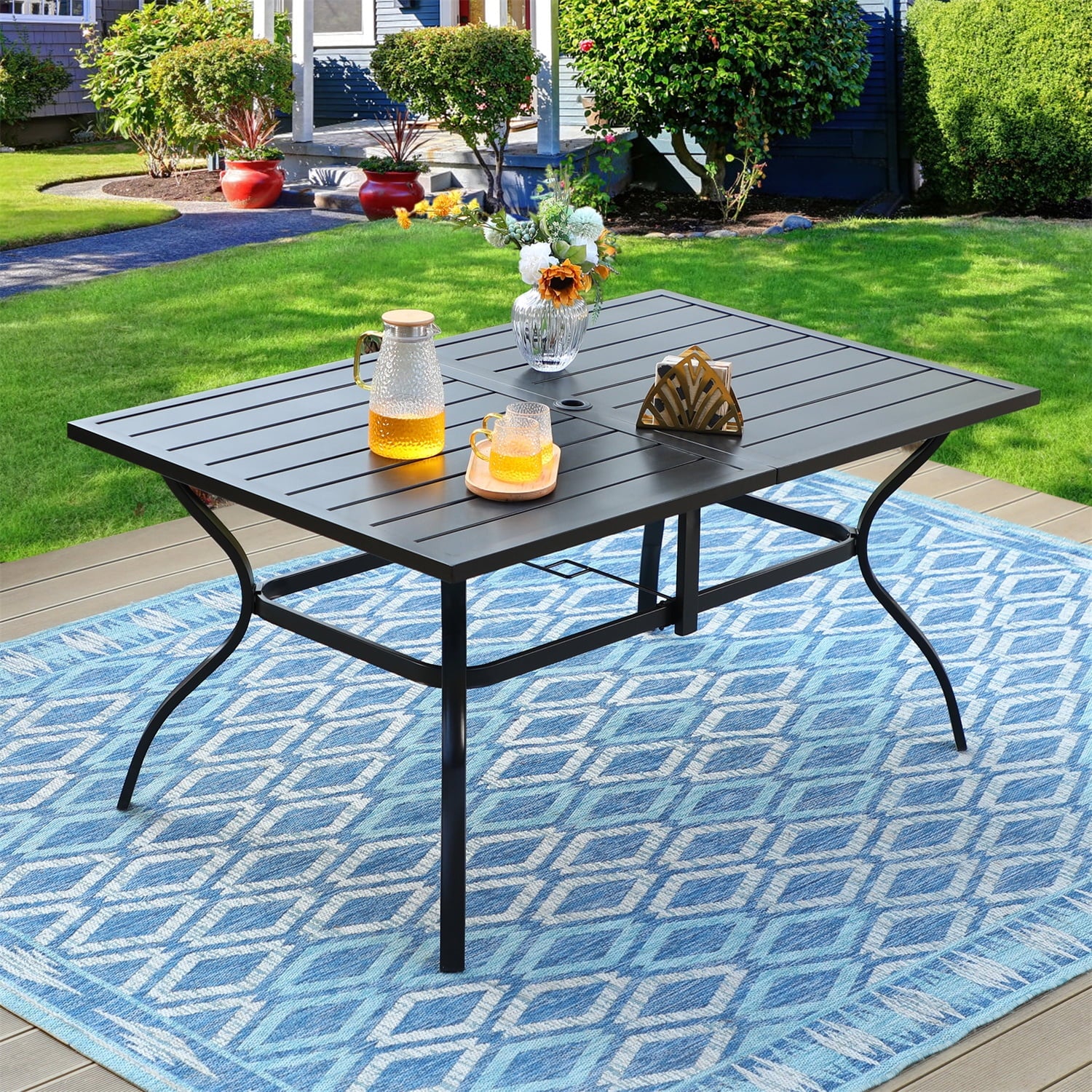 7-Piece Outdoor Patio Dining Set with Metal Table and 6 Rattan Cushioned Armchairs, Navy Blue L277142
