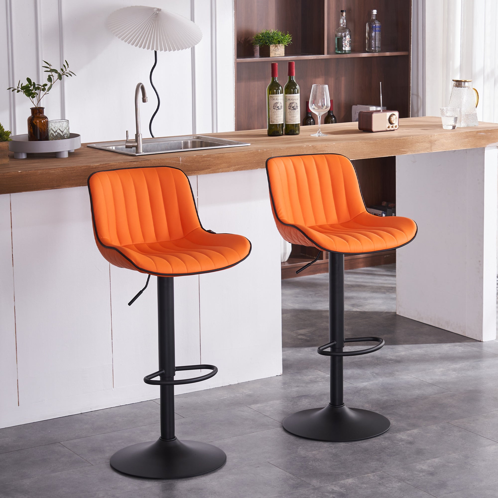 Orange PU Leather Adjustable Swivel Bar Stools Set of 2 M9160