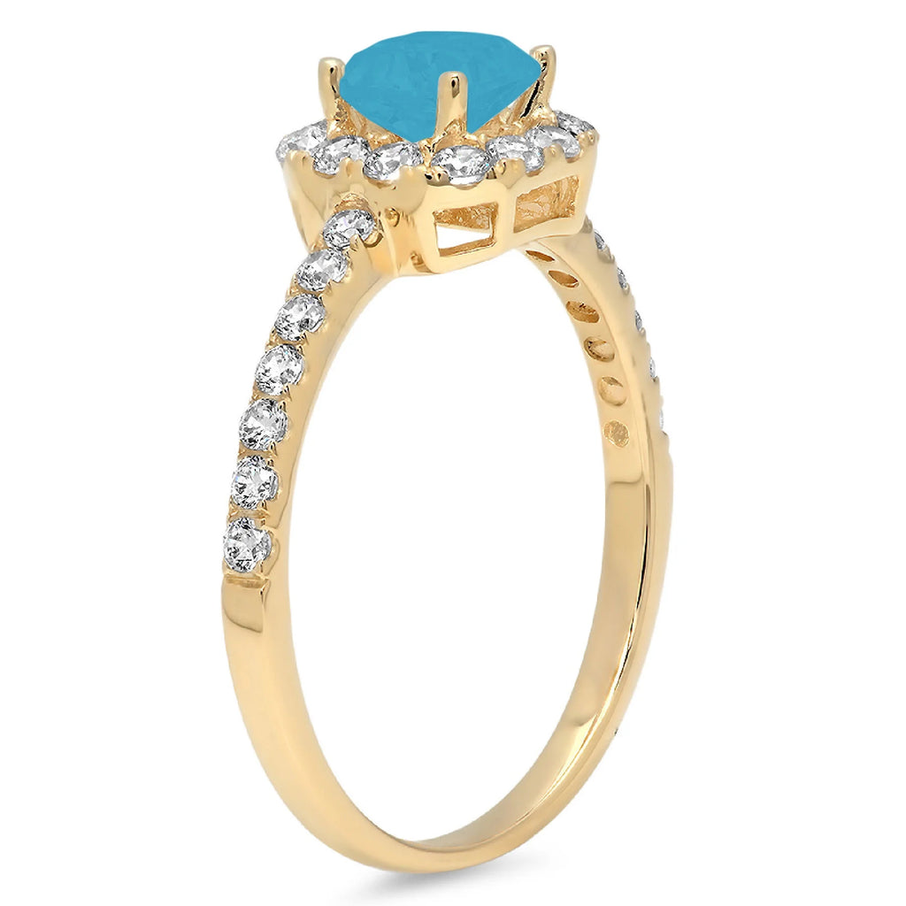Princess Cut Blue Simulated Turquoise 14k Yellow Gold Halo Ring Size 7.25 S856