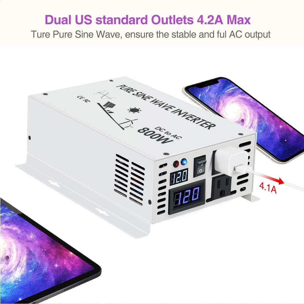 800w 12v 120v DC AC Power Inverter Converter Pure Sine Wave Z5774