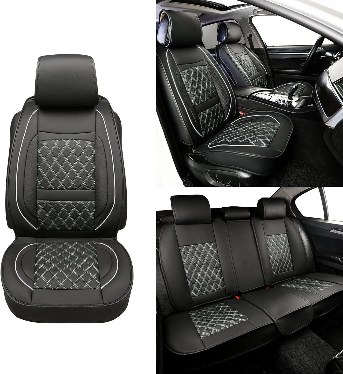 Black Leather Car Seat Covers with Backseat Storage U154