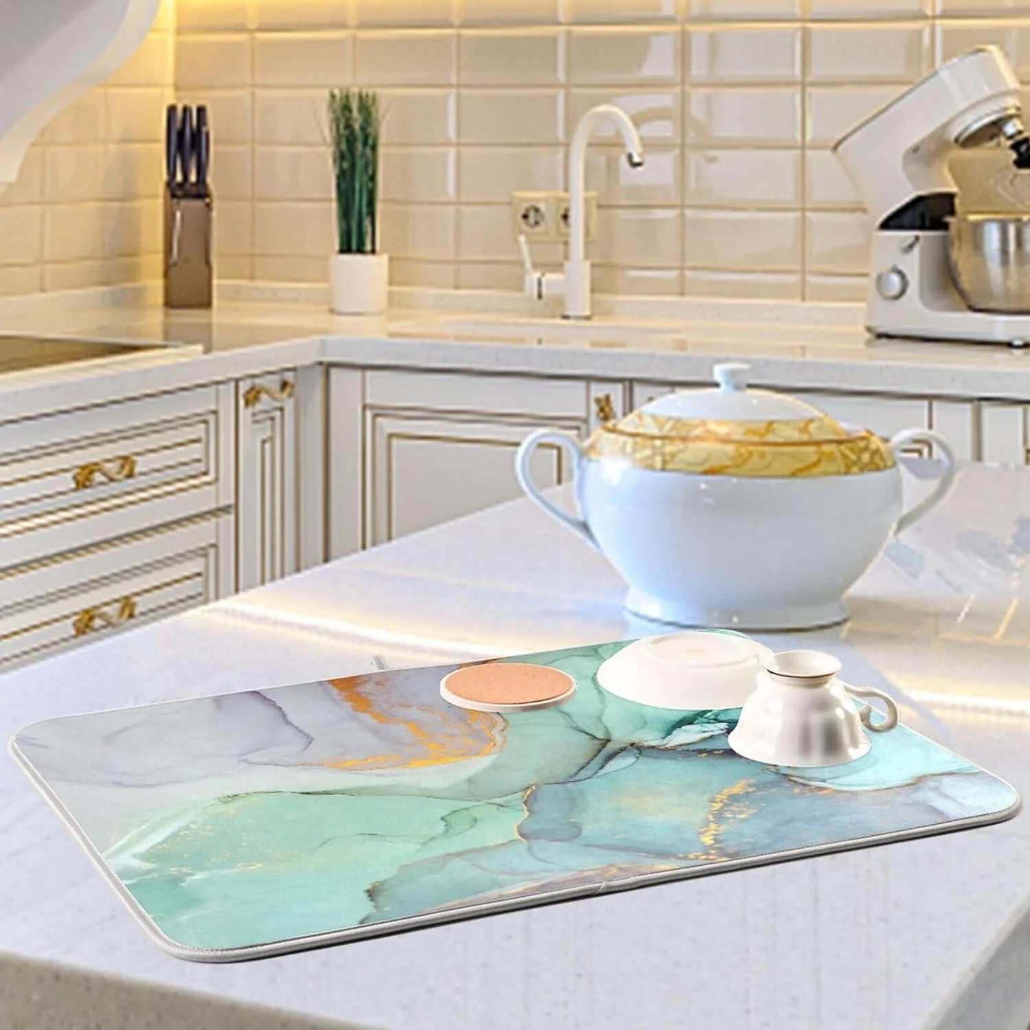 Green Marble Composite Sponge Dish Drying Mat 16x18Inch U661