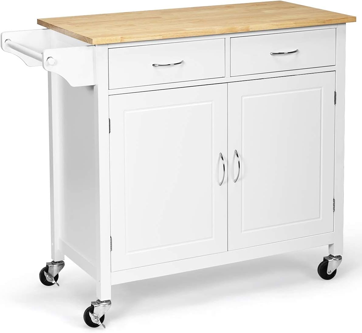 White Rolling Kitchen Island Cart with Rubber Wood Top X5726