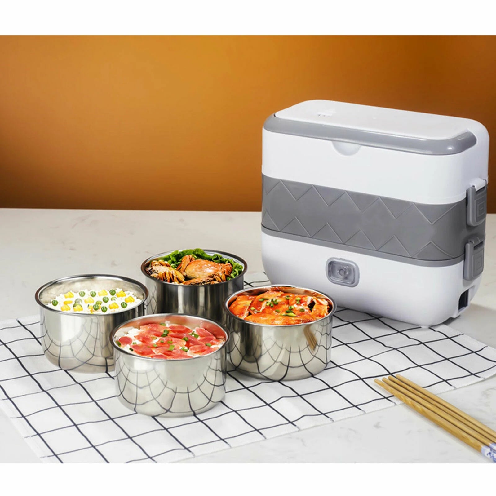 2 Layer Stainless Steel Electric Lunch Box Food Heater Rice Cooker X15957