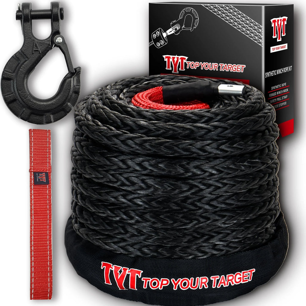Synthetic Winch Rope Kit 1/2" x 92' 32000 lbs with Protective Sleeve, Heavy Duty Hook and Safety Pull Strap W19116