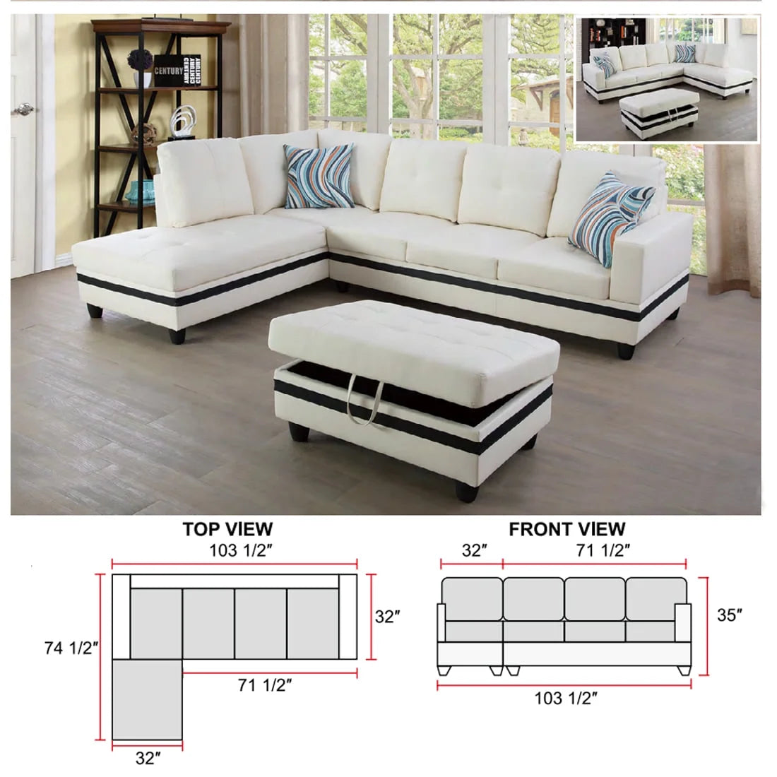 Black&White Leather Sectional Sofa Set with Storage Ottoman and Matching Pillows U499
