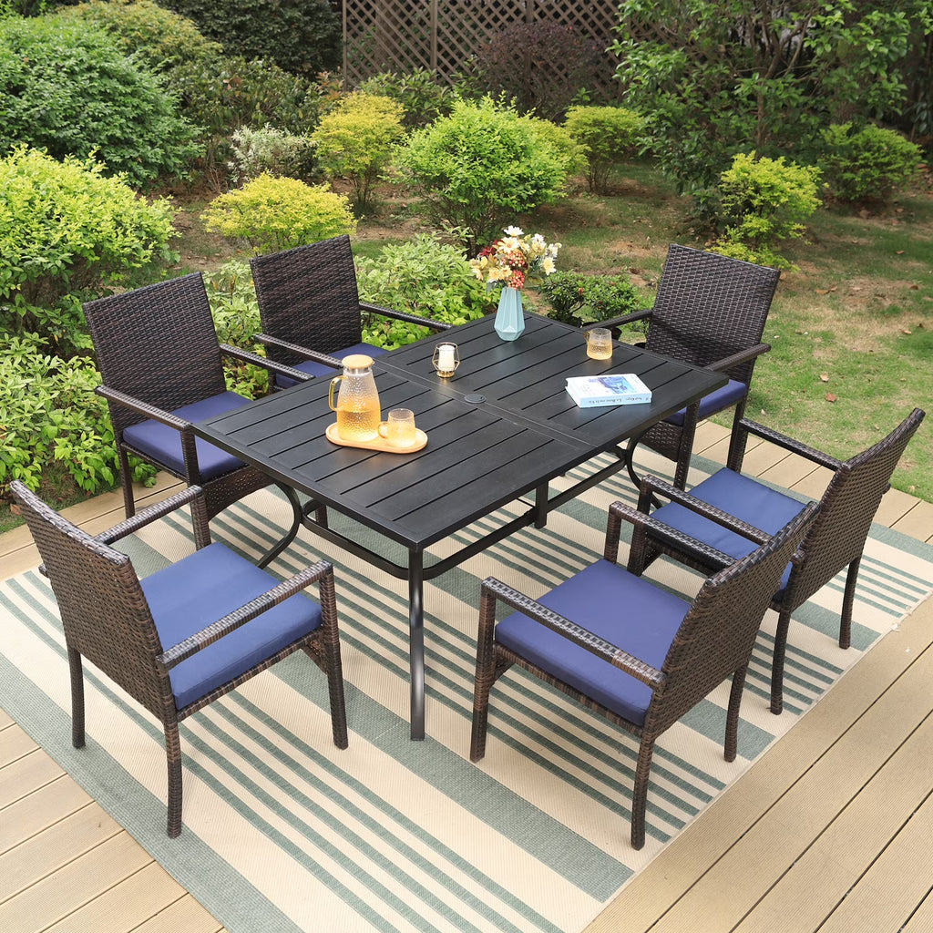 7-Piece Outdoor Patio Dining Set with Metal Table and 6 Rattan Cushioned Armchairs, Navy Blue L277142