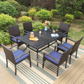 7-Piece Outdoor Patio Dining Set with Metal Table and 6 Rattan Cushioned Armchairs, Navy Blue L277142