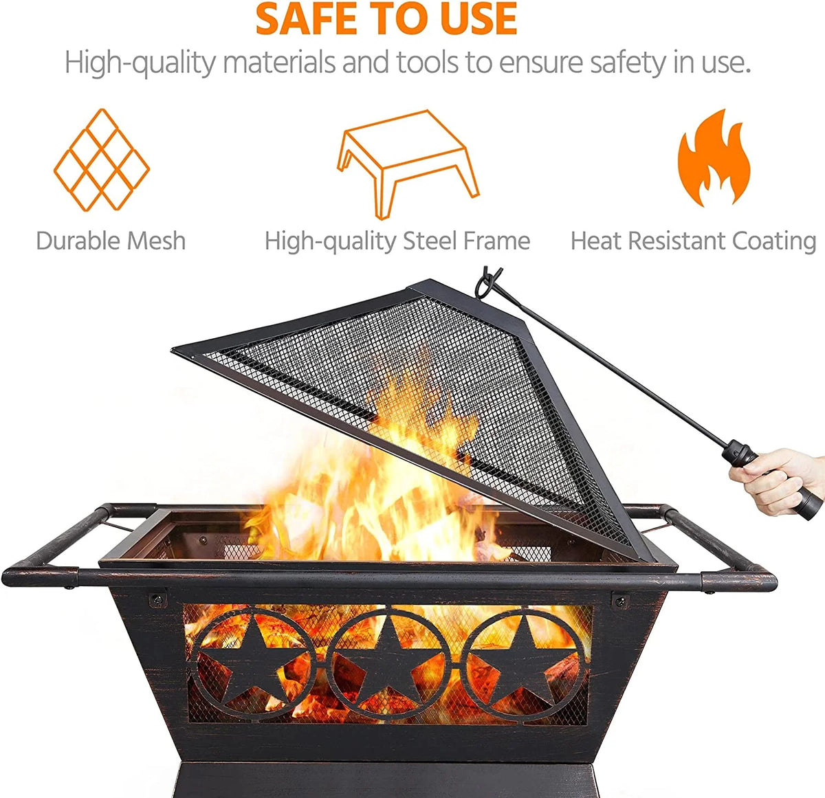 32in Square Wood Burning Fire Pit with Spark Screen, Mesh Cover, Poker V8228