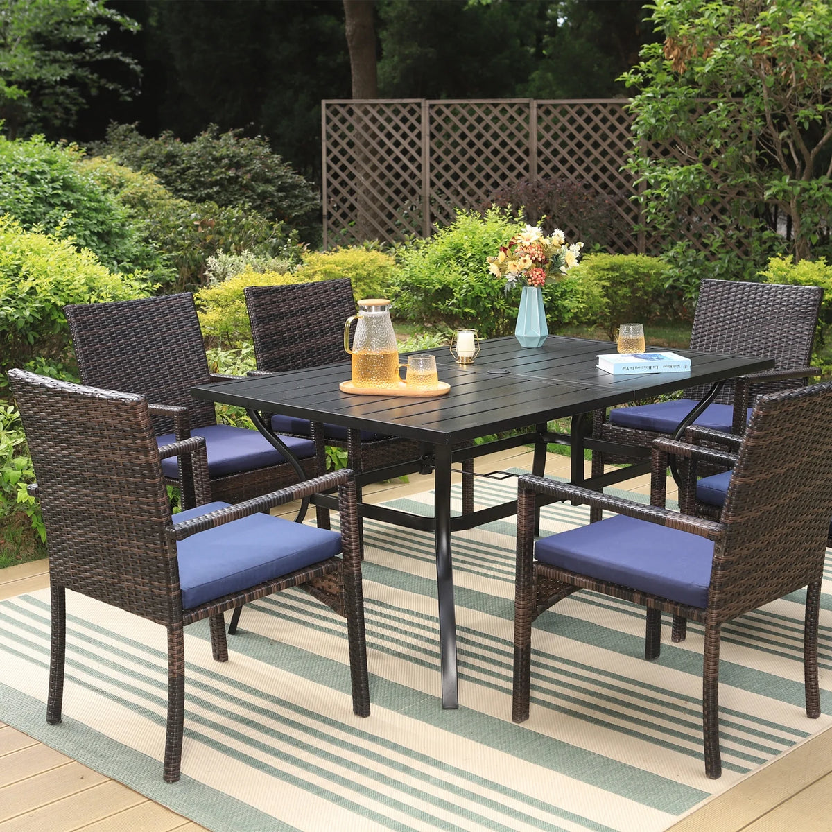 7-Piece Outdoor Patio Dining Set with Metal Table and 6 Rattan Cushioned Armchairs, Navy Blue L277142