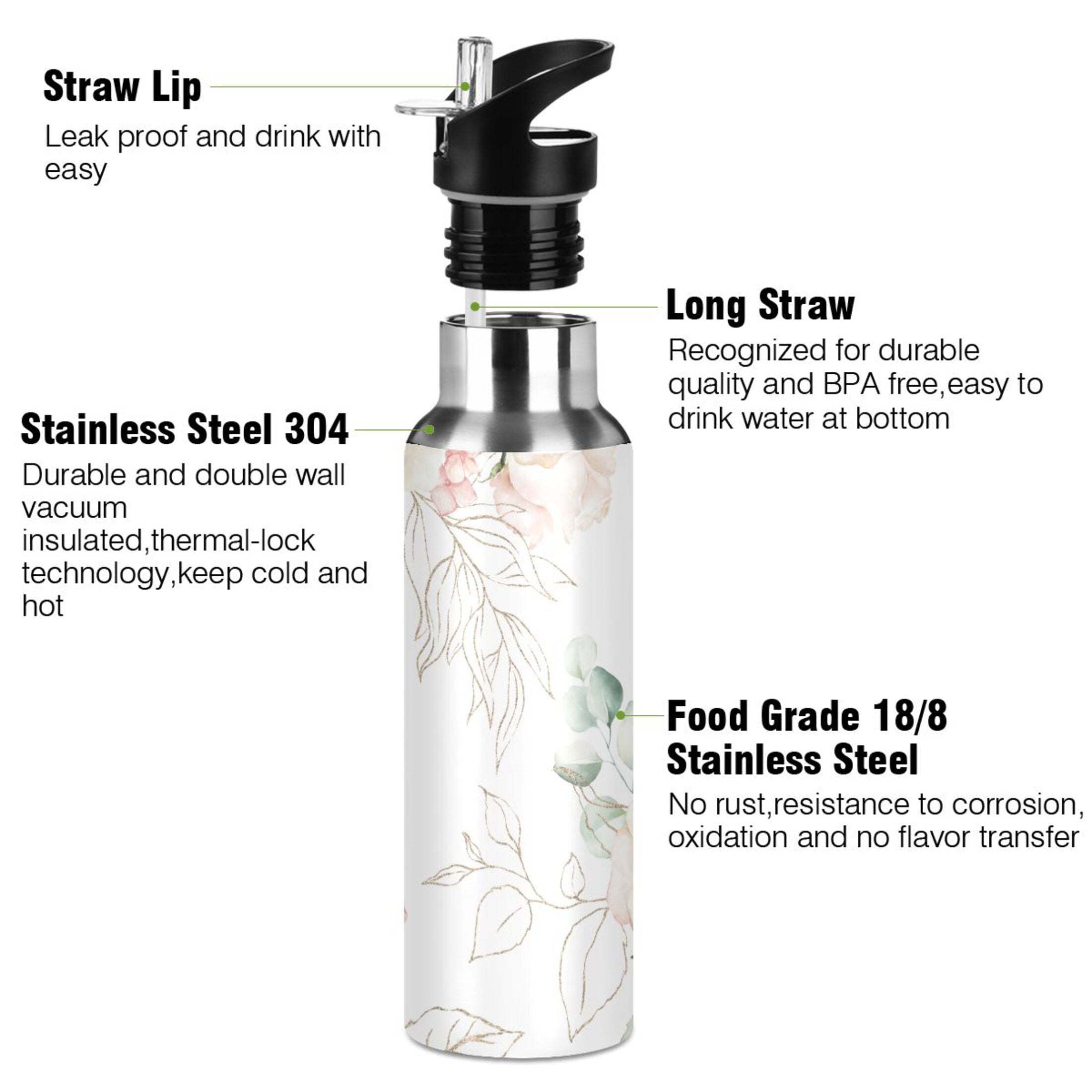 White Roses Stainless Steel Insulated Water Bottle with Straw Lid Z59172