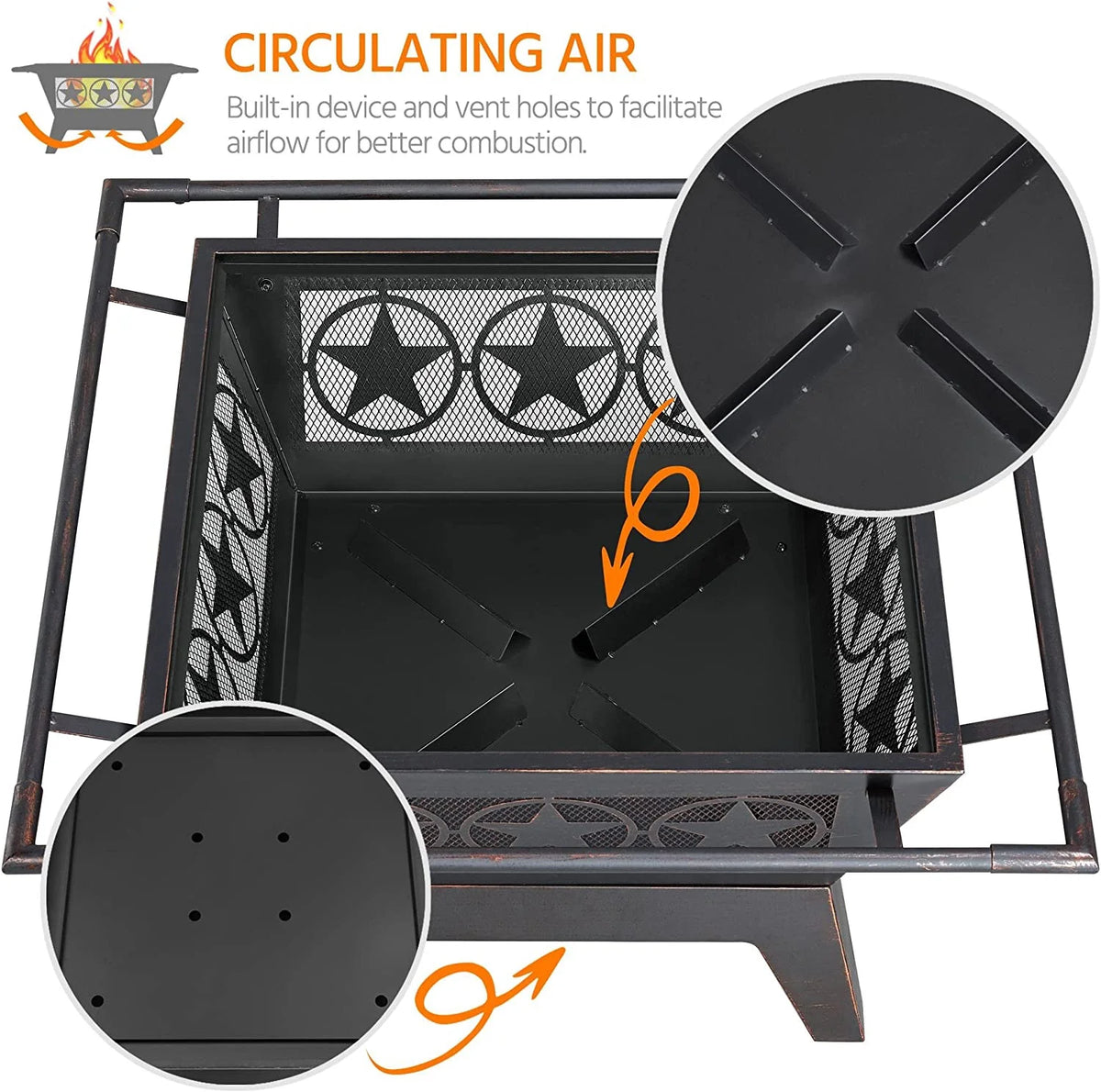 32in Square Wood Burning Fire Pit with Spark Screen, Mesh Cover, Poker V8228