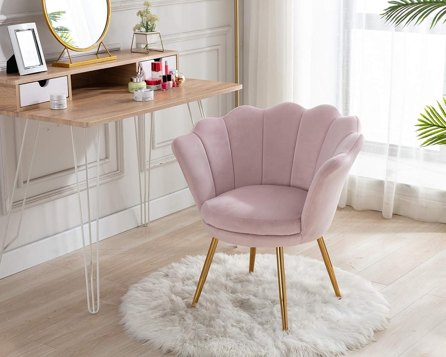 Light Pink Velvet Upholstered Vanity Chair with Gold Metal Legs O4992