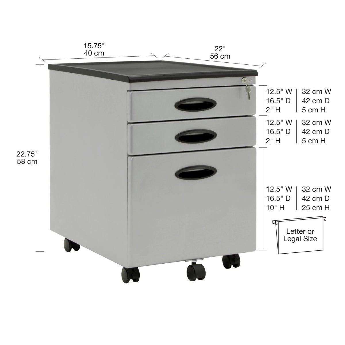 3 Drawer Metal Mobile File Cabinet in Silver Y6617