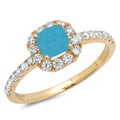 Princess Cut Blue Simulated Turquoise 14k Yellow Gold Halo Ring Size 7.25 S856