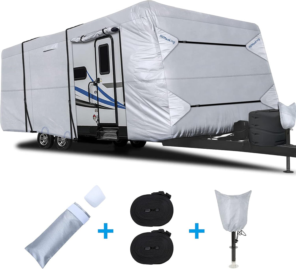 Rip-Stop RV Cover Windproof Waterproof Travel Trailer Cover Fits 18'1" - 20' Long with Gutter Covers T968