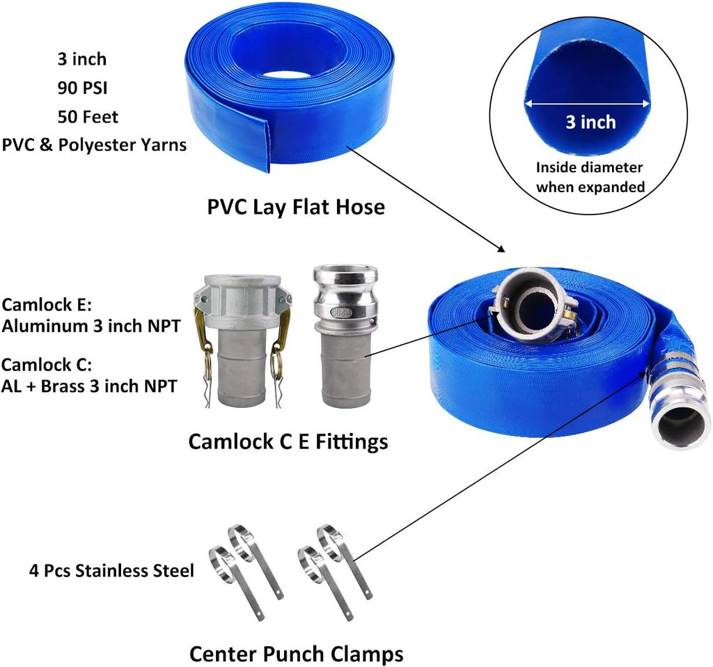 3 x 50' Blue PVC Backwash Hose with Aluminum Camlock Fittings C2342