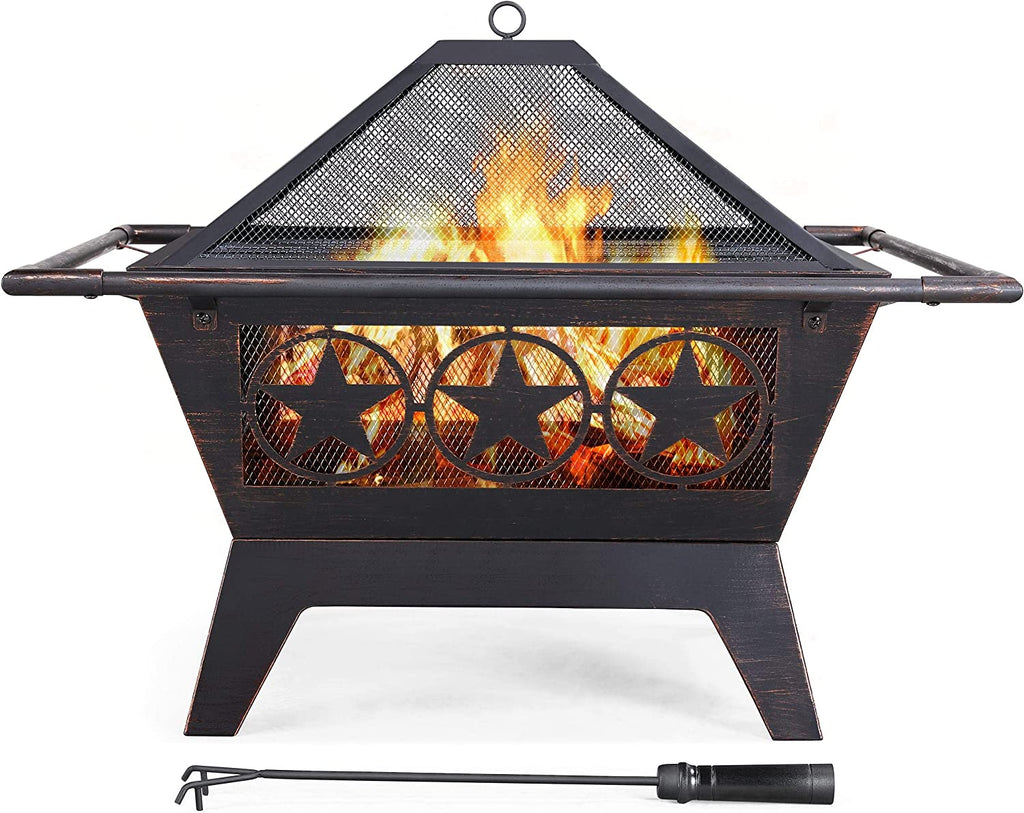 32in Square Wood Burning Fire Pit with Spark Screen, Mesh Cover, Poker V8228