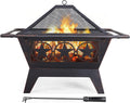 32in Square Wood Burning Fire Pit with Spark Screen, Mesh Cover, Poker V8228
